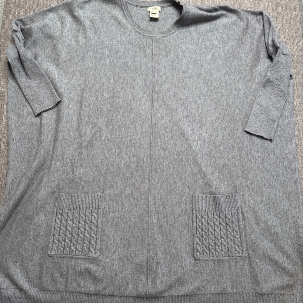 Escio Gray Oversized Tunic Sweater Dolman Sleeve Cable Knit Pockets S/M
